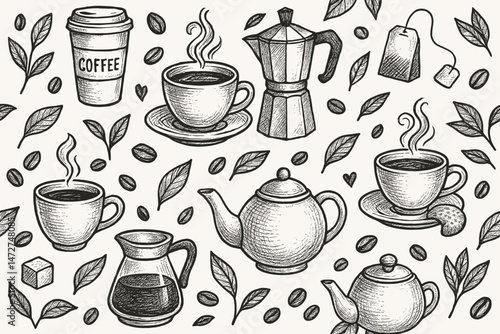 Hand-drawn coffee and tea seamless pattern vector illustration. Sketch style background with cups, teapots, beans, and leaves for cafe menu, wallpaper, or fabric design. Vintage doodle art.