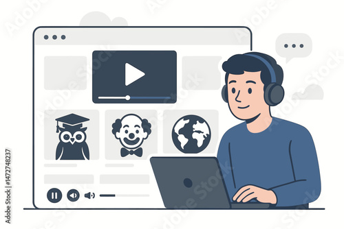 Young man with headphones using laptop computer to browse and watch diverse streaming media content online, featuring education, entertainment, and global video options vector illustration.