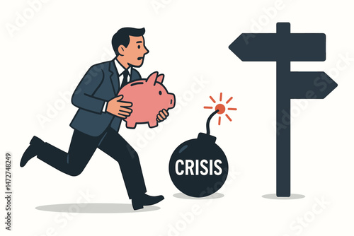 Anxious investor running with piggy bank savings, escaping imminent financial crisis bomb, faces uncertain crossroads signpost representing market risk and hard choices vector art.