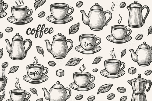 Seamless coffee and tea pattern background with hand drawn vintage sketch illustrations. Vector design with cups, pots, beans, leaves ideal for cafe menus, wallpaper or kitchen decor.