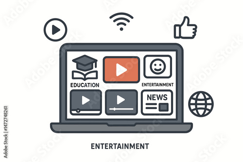 Vector illustration of a laptop showing a streaming media platform UI with various content options including education, entertainment, news, and video players, representing online VOD services.