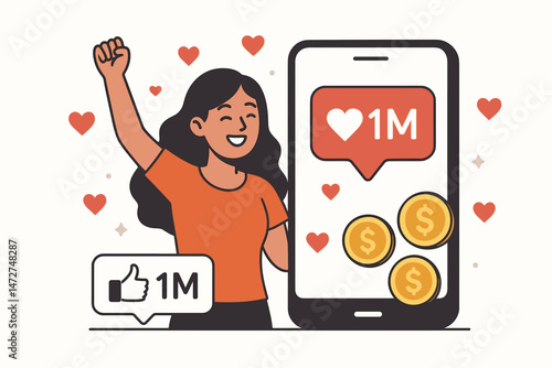Successful influencer joyfully celebrates reaching 1 million social media likes and followers milestone, earning money through monetization, displayed on phone vector graphic.