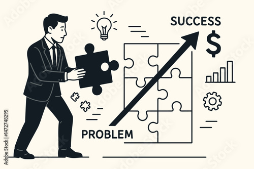 Path to Success: Businessman with puzzle piece solves business problem. Vector illustration showing strategy, idea, growth, and financial achievement from problem to solution.