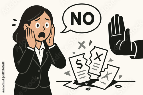 Stop! Business proposal denied. Shocked cartoon businesswoman facing rejection, financial failure, negative feedback, refused contract or loan vector illustration.