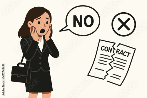 Businesswoman in shock after contract rejection vector illustration. Flat character design depicting disappointment, failure, bad news, job loss denial, refusal, and negative outcome.