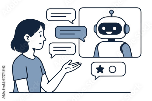 Vector illustration of user chatting with AI assistant bot for customer service support. Flat design showing woman, robot interface, conversation bubbles and user feedback rating icons.