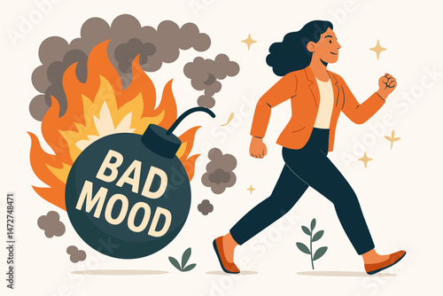 Positive Woman Running Away from an Exploding Bad Mood Bomb Metaphor, Flat Vector Graphic about Escaping Stress, Anxiety, and Negative Emotions for Mental Wellbeing.
