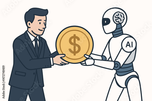Business and AI Financial Synergy Vector: Businessman and Robot Holding a Large Dollar Coin Illustrating Investment, Partnership, Technology Advancement, and Economic Growth.