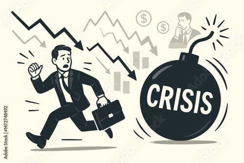 Retro vector illustration of terrified investor running from a lit crisis bomb symbolizing financial meltdown, stock market crash, economic downturn, recession fear, and investment loss risk.