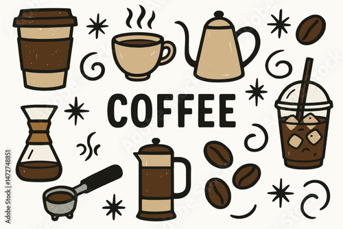 Vector collection of diverse coffee label templates. Simple and modern badge designs for coffee branding, packaging, logos, stickers, and café marketing materials. Includes bean icons.