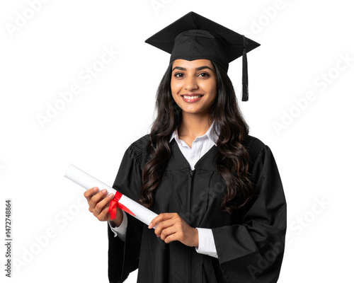 An Indian woman in a graduation gown holding a diploma isolated on a transparent background