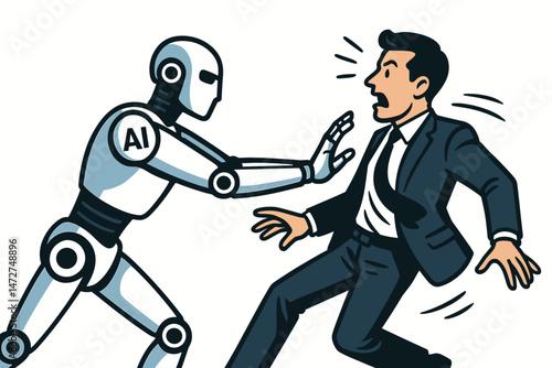 Future of Work Disruption: Scared Businessman Pushed Away by Advancing AI Robot Illustration Concept Signifying Automation, Job Replacement Fears and Artificial Intelligence Impact