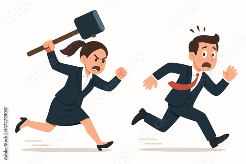 Furious businesswoman wielding a massive hammer chases a terrified male colleague in suits, depicting workplace conflict, office rage, stress, and humorous revenge vector art.