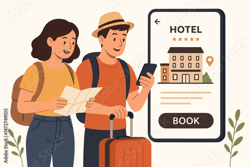 Young tourist couple with luggage using smartphone app for online hotel booking and planning vacation trip with map. Flat vector illustration of travel technology and accommodation reservation.