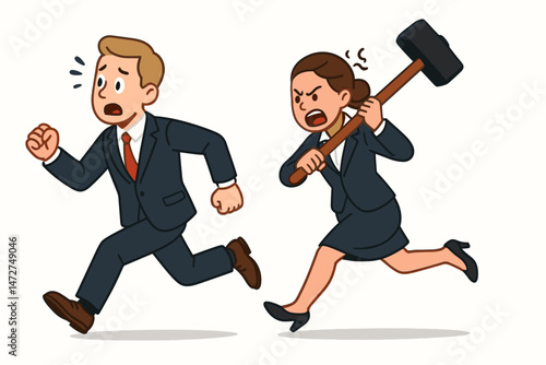 Angry businesswoman in a suit chasing a scared businessman colleague with a huge hammer, illustrating workplace conflict, stress, revenge, and corporate pressure cartoon vector.