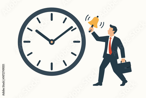 Urgent deadline approaching concept vector illustration with businessman ringing an alarm bell beside a large clock, emphasizing time management and punctuality in business.