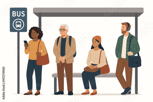 Minimalist flat vector illustration of diverse urban commuters waiting patiently at a city bus stop or train station platform for public transportation, depicting everyday modern city life.