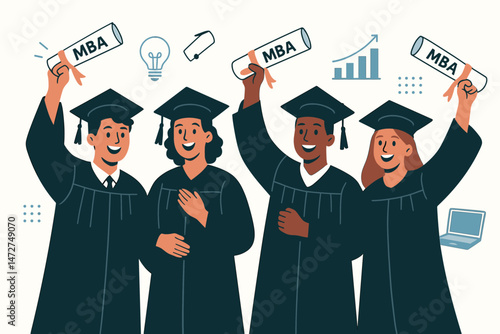 Celebrating MBA Graduation Triumph: Simple vector illustration of a successful graduate achieving a Master of Business Administration degree, symbolizing academic success and career advancement.
