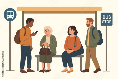Diverse group of urban commuters patiently waiting at a city bus stop or train station platform for public transport, minimalist flat vector illustration of daily city life routine.