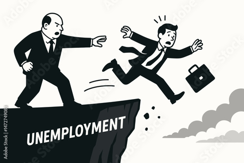 Angry boss pushes shocked employee off unemployment cliff metaphor vector. Concept illustration of firing, job loss, termination, dismissal, economic crisis, and career downfall.