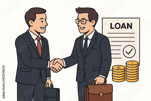 Two smiling businessmen finalize a successful loan agreement with a firm handshake, vector illustration depicts financial partnership, approved contract, and investment capital stacks.