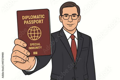 Diplomat Holding Diplomatic Passport Illustration, Businessman in Suit Showing Official Travel Document for International Relations, Special Immunity Concept, Vector Isolated on White Background