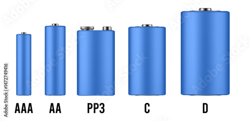 Blue battery mockup. Set of different types of alkaline batteries. AAA, AA, PP3, C and D types. Realistic vector illustration	