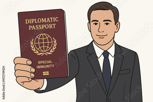 Vector Illustration of Businessman Holding Diplomatic Passport with Special Immunity, International Travel Document, Official Identification, Global Authority, Government Credentials