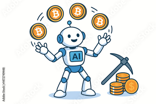 Cartoon AI robot juggling bitcoin cryptocurrency coins near a pickaxe and dollar stacks, illustrating digital finance, automated crypto mining, and investment technology concept vector.