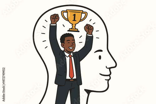 Confident Businessman Celebrating Success With Trophy Inside Silhouette Head, Motivation Achievement Concept, Vector Illustration for Leadership, Self-Belief, and Personal Victory