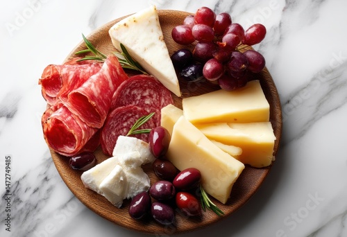 Gourmet Cheese and Charcuterie Platter with Fresh Grapes and Olive Garnish on Light Marble Background