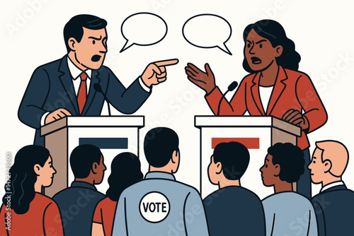 Animated Illustration of Diverse Political Debate with Audience Participation, Election Candidates Arguing at Podiums, Speech Bubbles, and Voting Concept for Democracy and Civic Engagement