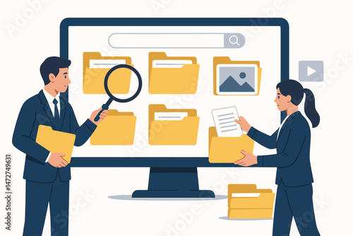 Modern Office File Management Concept Illustration with Organized Digital Documents and Simple User Interface Design for Efficient Workspace Organization