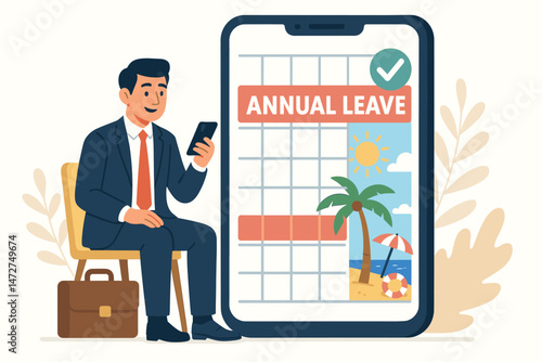 Employee scheduling annual vacation leave with smartphone application, businessman planning time off using mobile calendar, approved holiday booking vector illustration for HR systems.