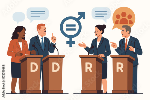 Modern Political Leaders Debate Stage Vector Illustration with Podiums, Microphones, and Audience Seating in a Formal Conference Hall Setting