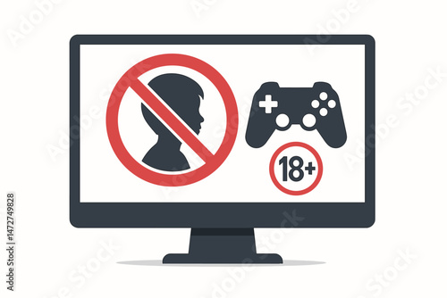 Computer screen displaying parental control alert, restricting children under 18 from accessing video games. Vector icon set for online safety, age verification, and content filtering.