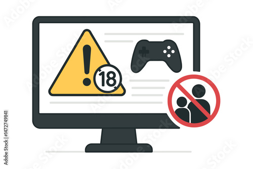 Online Safety Concept: Parental Control Software Interface with Age Limit 18+, Game Restriction, and Content Blocking Alert on Computer Monitor Vector Graphic.