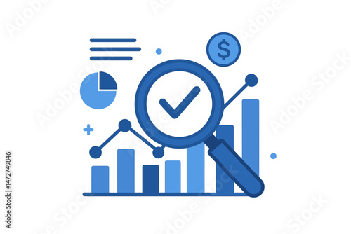 Business financial analysis and due diligence concept vector illustration featuring magnifying glass with checkmark over data graphs, charts, and dollar coin for audit and verification.