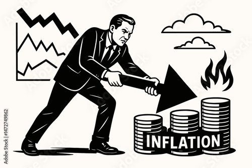 Taming economic turmoil: Businessman combats inflation fire and recession graph decline. Black and white vector illustration showing financial struggle, market control, and crisis management.