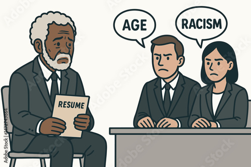 Job interview discrimination concept vector showing an elderly Black applicant experiencing ageism and racism from biased HR managers, highlighting employment inequality and challenges.