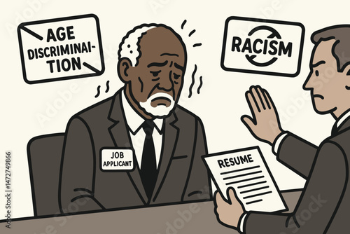Senior black man facing age discrimination and racism during a job interview, rejected by interviewer holding resume. Vector illustration highlighting workplace prejudice and bias.