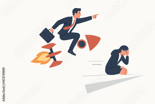 Ambitious businessman speeds ahead on a powerful rocket, showcasing success and advantage over a struggling businesswoman on a paper plane, representing workplace inequality concept vector.