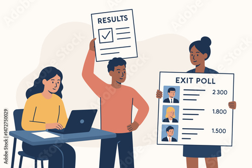Flat vector illustration of diverse team presenting election results and exit poll data. Characters hold signs showing candidate votes, symbolizing political analysis and democracy.