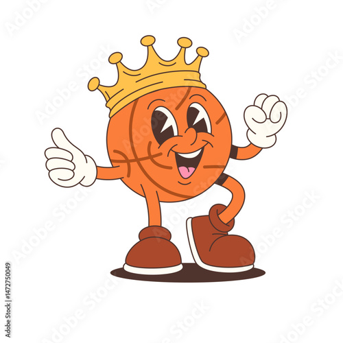 Energetic basketball mascot character with crown, gloves, and boots showing thumbs up in dynamic pose. Fun cartoon style with playful mood and bold lines. Vector illustration