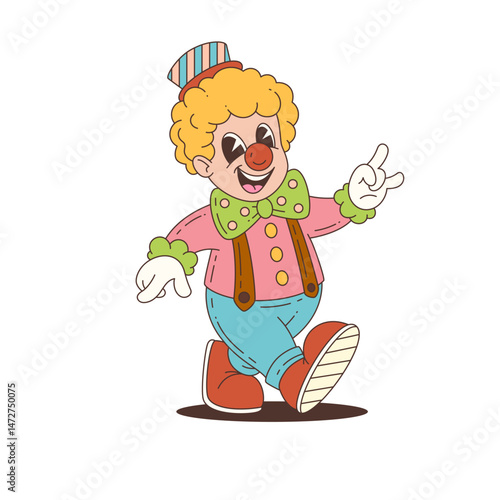 Bright and cheerful clown mascot wearing pink jacket, green bow tie, and striped hat. Perfect for fun events, circus themes, or children’s entertainment. Vector illustration