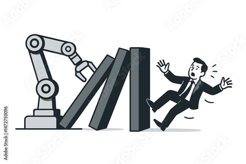 AI automation triggers domino effect: Robot arm pushes falling blocks, hitting a scared businessman. Concept vector for job loss, technology disruption, chain reaction, and crisis.
