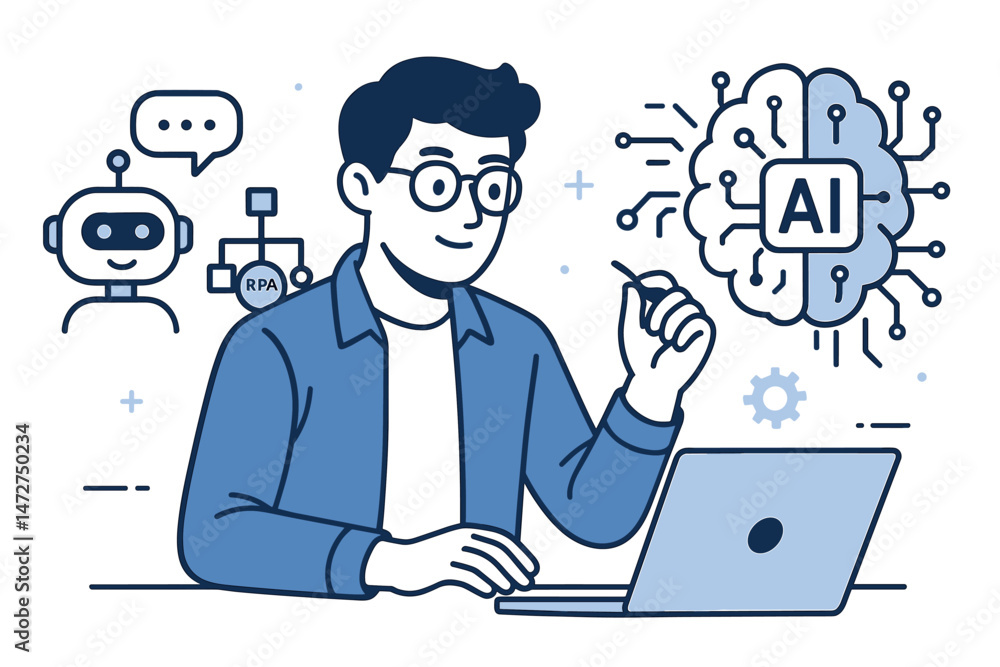 Vector illustration of a man at a laptop engaged in AI development, RPA workflow, and chatbot interaction. Represents digital innovation, automation technology, and machine learning. Vector illustration of a man at a laptop engaged in AI development, RPA workflow, and chatbot interaction. Represents digital innovation, automation technology, and machine learning.