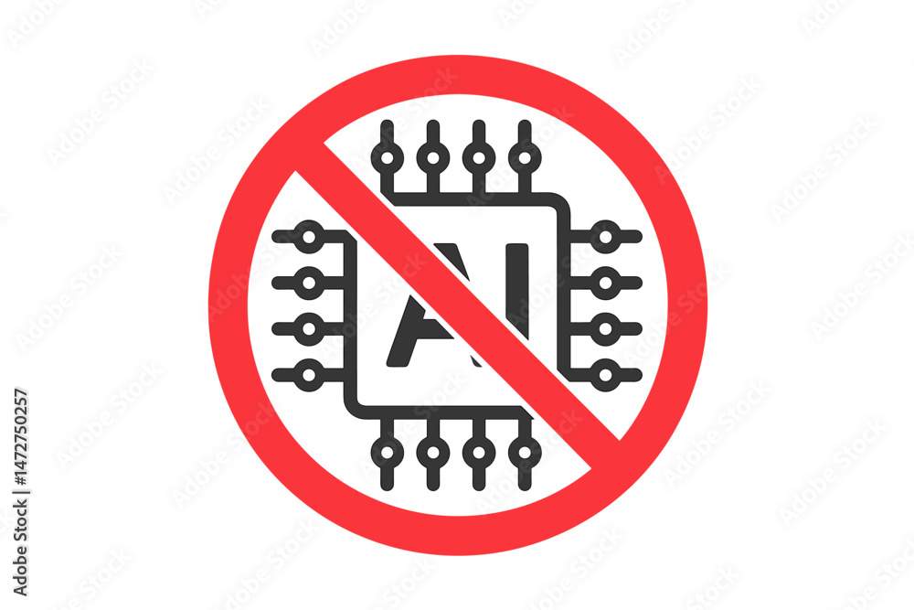 No AI prohibition sign vector icon. Symbol illustrating the ban, restriction, and warning against artificial intelligence technology, highlighting ethical concerns and regulatory stop. No AI prohibition sign vector icon. Symbol illustrating the ban, restriction, and warning against artificial intelligence technology, highlighting ethical concerns and regulatory stop.