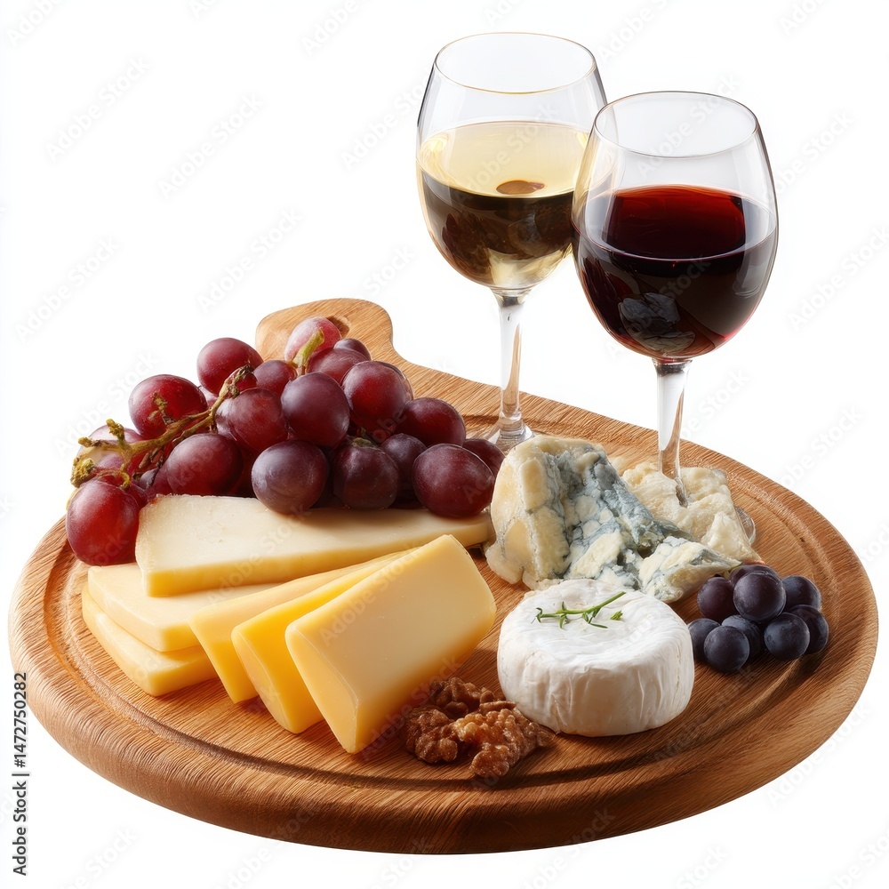 Gourmet cheese platter with red and white wine glasses, fresh grapes, blue cheese, and walnuts on a wooden serving board Gourmet cheese platter with red and white wine glasses, fresh grapes, blue cheese, and walnuts on a wooden serving board