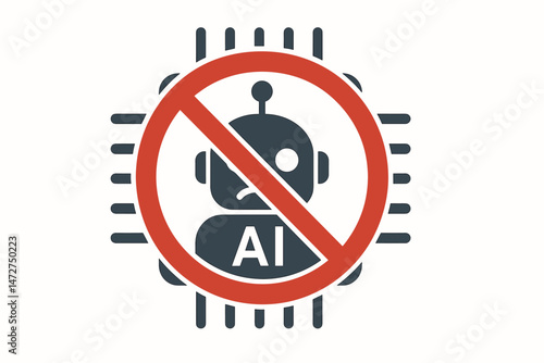 AI Ban Concept Illustration: Red prohibition symbol over an AI robot on a computer chip, flat vector design representing technology restriction, ethical warning, and future control.